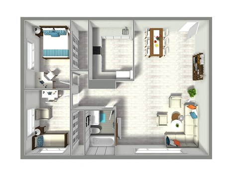 a 3d floor plan of a small apartment